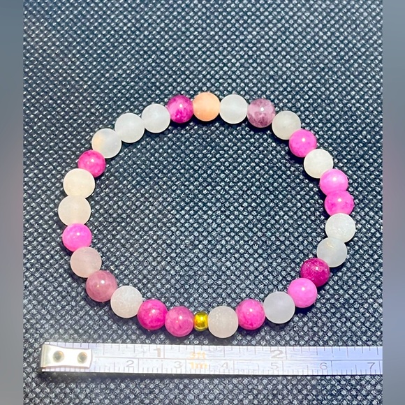 Rose Strawberry Quartz & Brushed Stone Beaded Bracelet Natural Handmade Boutique - Picture 6 of 10
